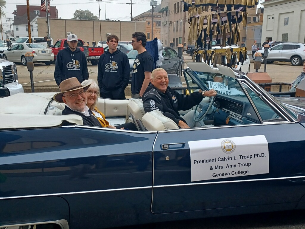 Dr. Calvin and Amy Troup in 1967 Cadillac Geneva College homecoming 2021